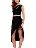 Romwe Black Cutout One Shoulder Top With Lace Trim Wrap Skirt