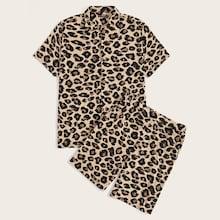 Romwe Guys Leopard Print Shirt & Slant Pocket Shorts Pj Set