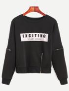 Romwe Black Letter Print Zip Detail Sweatshirt