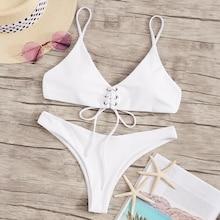Romwe Lace-up Spaghetti Strap Top With High Leg Bikini Set