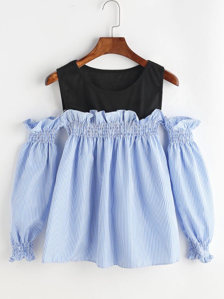 Romwe Contrast Neck Cold Shoulder Shirred Striped Top