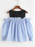 Romwe Contrast Neck Cold Shoulder Shirred Striped Top
