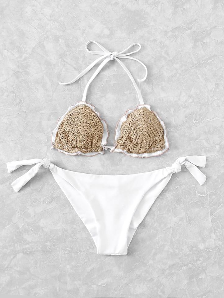 Romwe Lettuce Edge Crochet Bikini Set