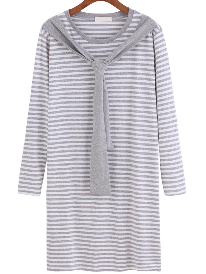 Romwe Long Sleeve Striped Self-tie T-shirt