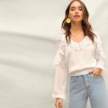 Romwe Smocked Hem Semi Sheer Eyelet Embroidered Ruffle Top