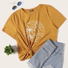 Romwe Plus Seashore Print Short Sleeve Tee
