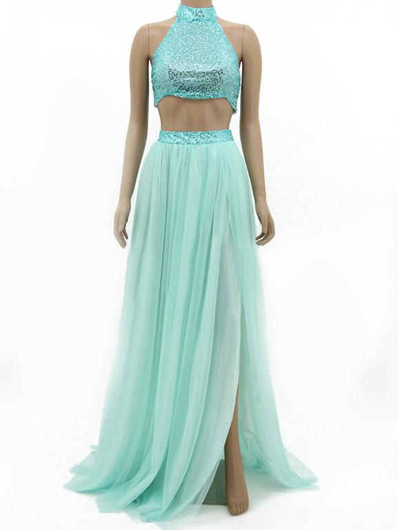 Romwe Halter Glittering Crop Top Split Pale Green Skirt