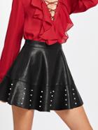 Romwe Pearl Embellished Raw Hem Flared Pu Skirt