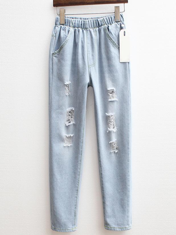 Romwe Elastic Waist Ripped Pant