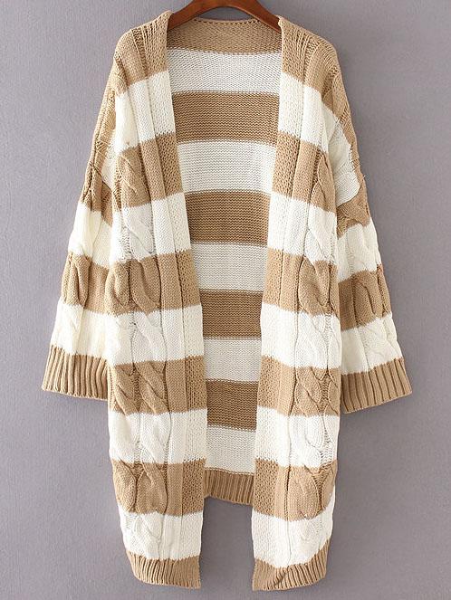 Romwe Khaki Striped Drop Shoulder Cable Knit Sweater Coat