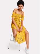 Romwe Shirred Bardot Slit Side Calico Print Dress