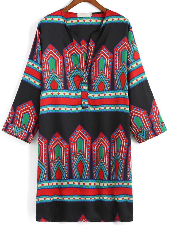 Romwe V Neck Geometric Print Straight Dress