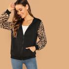 Romwe Fuzzy Leopard Sleeve Zip Up Hoodie