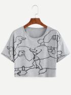 Romwe Dog Outline Print Crop T-shirt - Grey