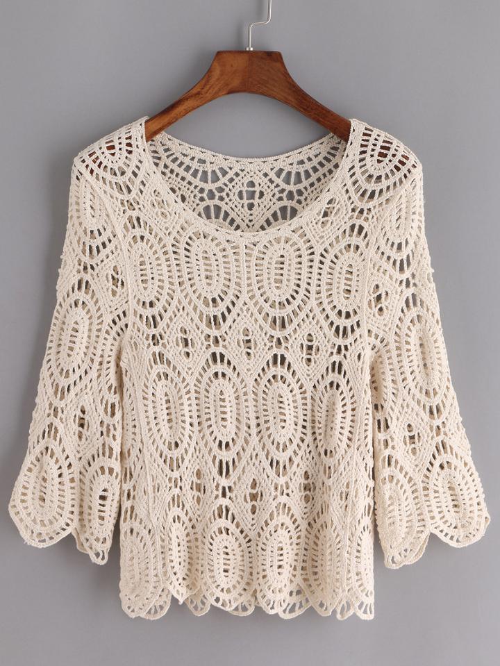 Romwe Elbow Sleeve Crochet Hollow Out Top