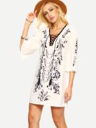 Romwe Black Print In White Lace-up Bell Sleeve Shift Dress