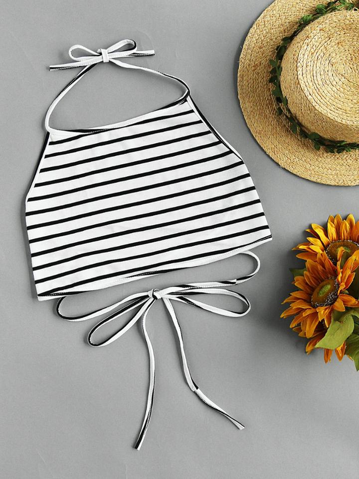 Romwe Halterneck Striped Lace-up Self Tie Top