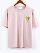 Romwe Lemon Juice Embroidered T-shirt - Pink