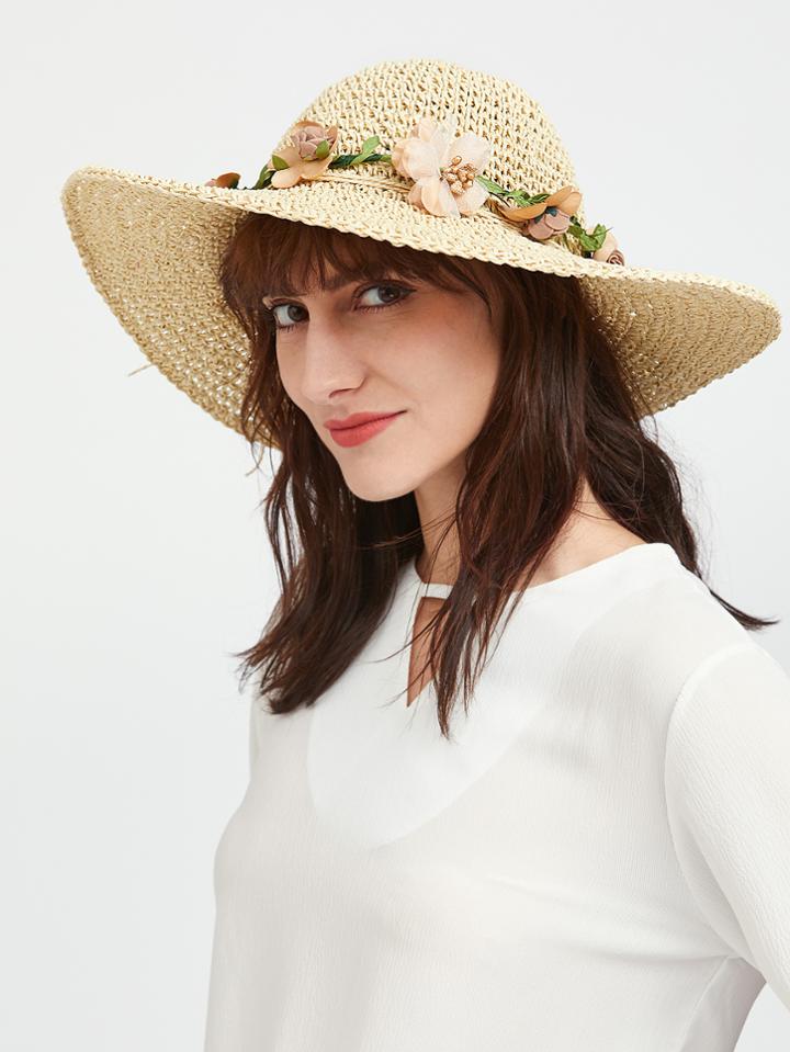 Romwe Beige Flower Detail Straw Hat With Bow