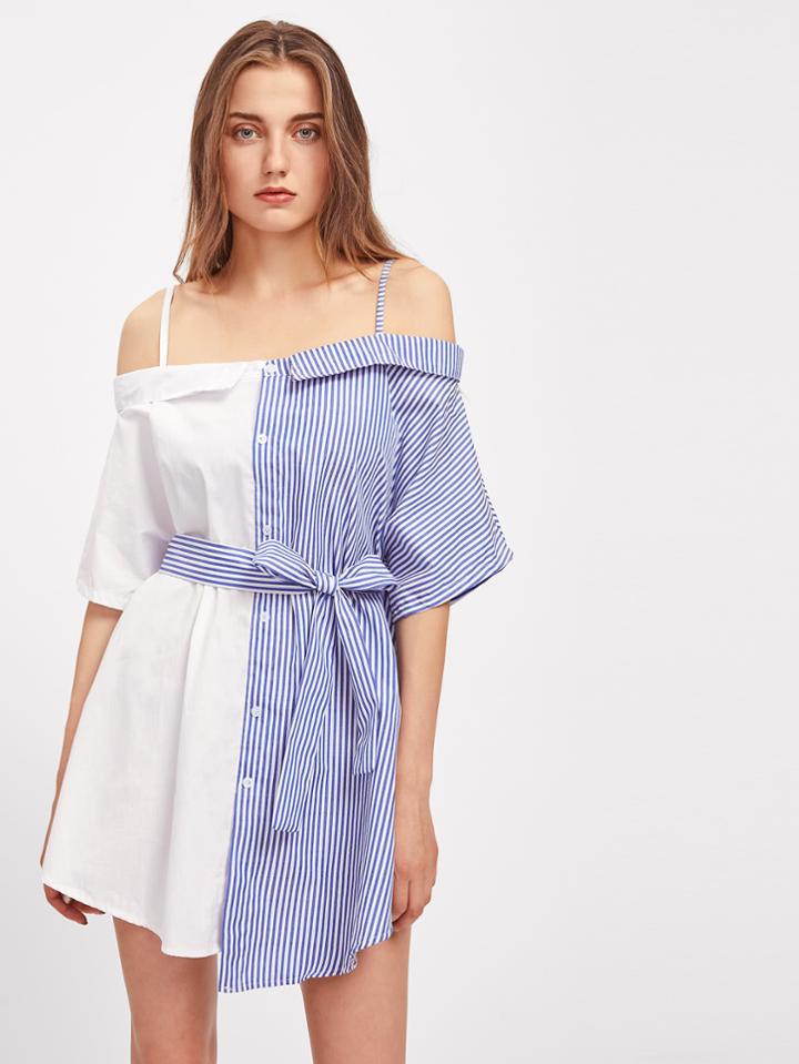 Romwe Contrast Striped Self Tie Dress