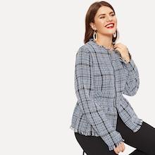 Romwe Plus Raw Hem Plaid Tweed Coat