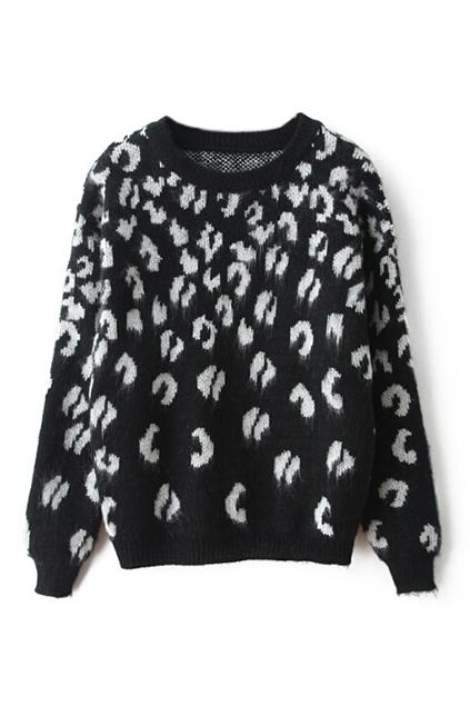 Romwe Leopard Knitted Black Jumper