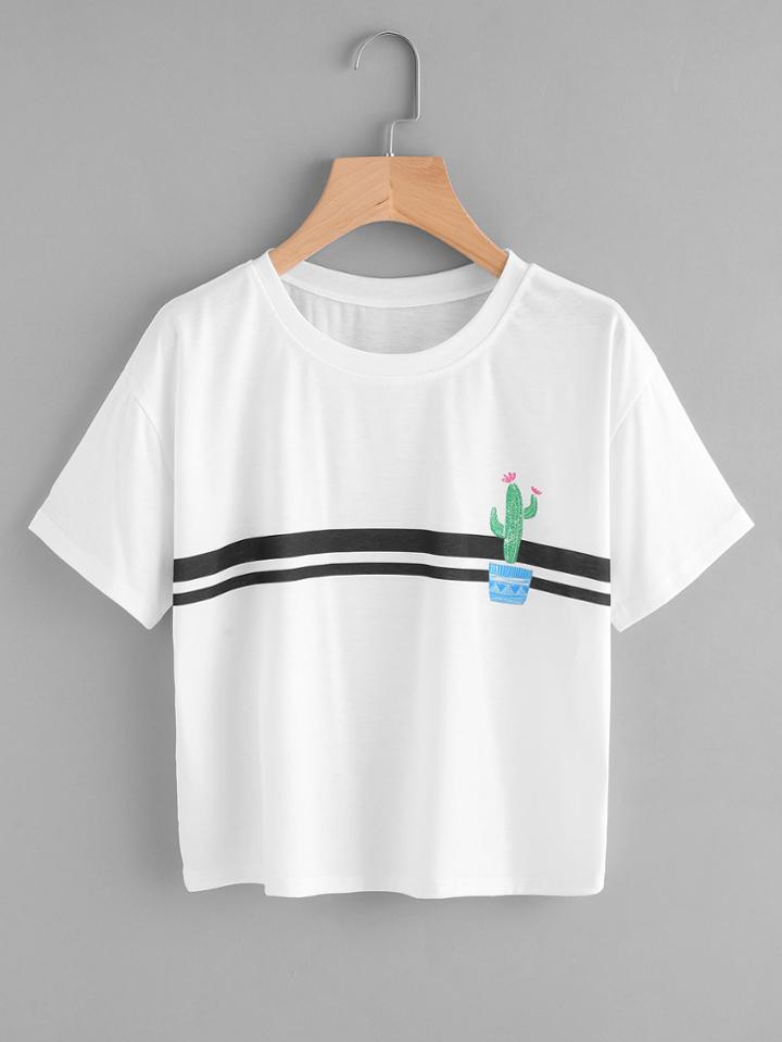 Romwe Cactus Print Striped Trim Tee