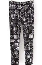 Romwe Drawstring Geometric Print Black Pant