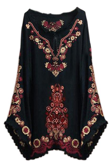 Romwe Romwe Flared Sleeved Ethnic Embroidered Black Dress