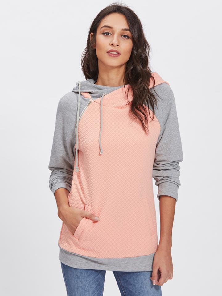Romwe Two Tone Zip Detail Textured Hoodie