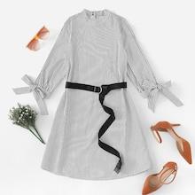Romwe Knot Cuff Striped Belted Dress