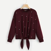 Romwe Knot Front Pearl Embellished Pullover