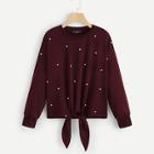 Romwe Knot Front Pearl Embellished Pullover