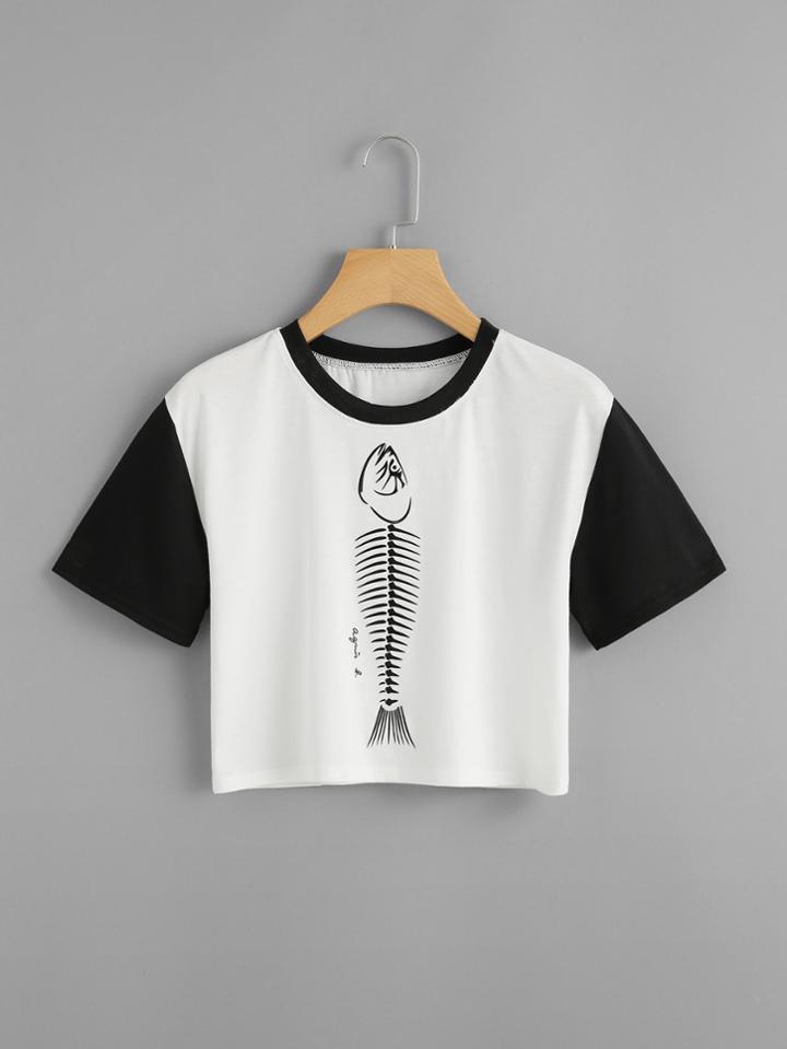 Romwe Fish Print Contrast Sleeve Crop Tee