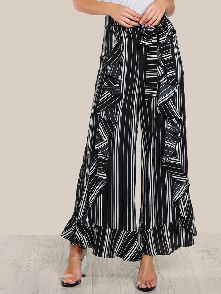 Romwe Tie Waist Ruffle Front Striped Pants