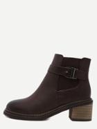 Romwe Brown Faux Leather Round Toe Buckle Strap Elastic Ankle Boots