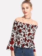 Romwe Off Shoulder Rose Print Pleated Top
