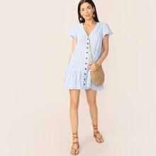 Romwe Single Breasted Ruffle Hem Striped Dress
