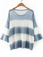 Romwe Blue Striped Cutout Three Quarter Sleeve Sweater
