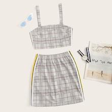 Romwe Tartan Plaid Side Stripe Cami Top With Skirt