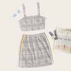 Romwe Tartan Plaid Side Stripe Cami Top With Skirt