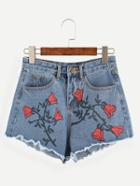 Romwe Blue Rose Print Raw Hem Denim Shorts