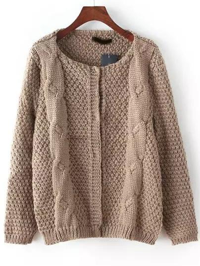 Romwe Khaki Round Neck Cable Knit Cardigan
