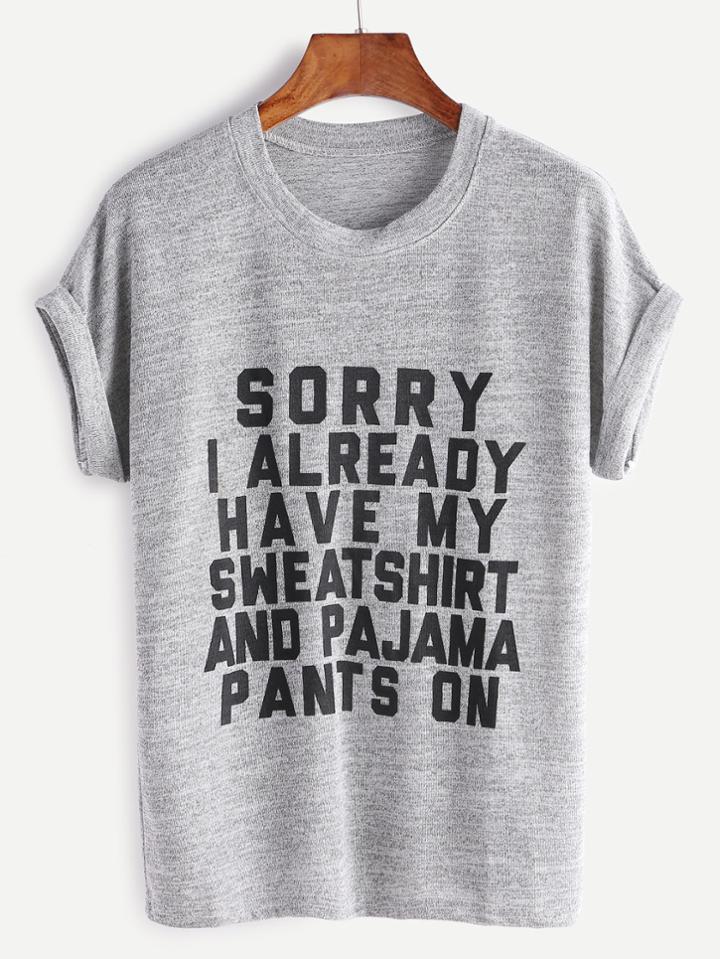 Romwe Grey Slogan Print Cuffed T-shirt