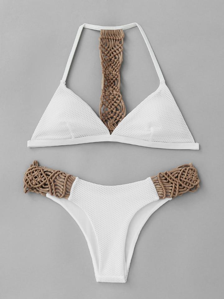 Romwe Woven Detail Racerback Triangle Bikini Set