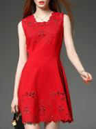 Romwe Red Round Neck Sleeveless Embroidered Hollow Dress