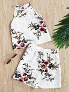 Romwe Floral Print Random Self Tie Split Back Top With Shorts