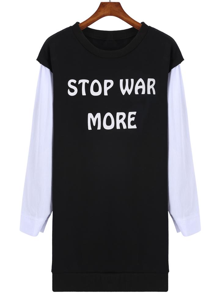 Romwe Color-block Letter Print Long Sweatshirt