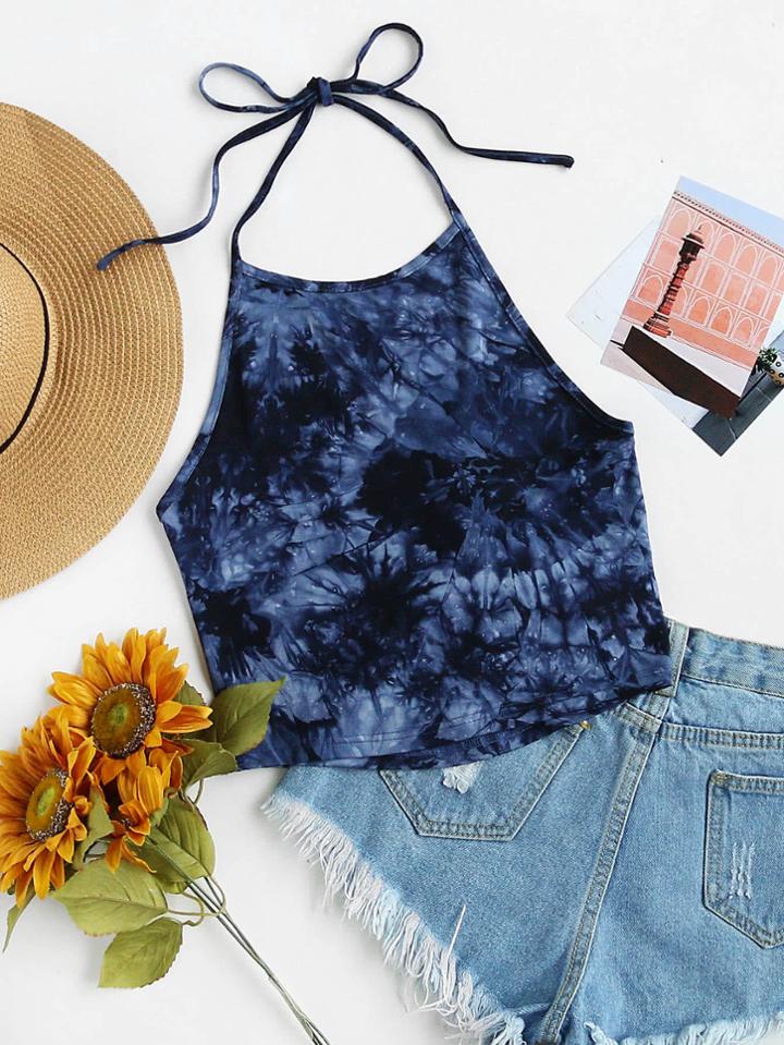 Romwe Tie Dye Print Self Tie Halter Top