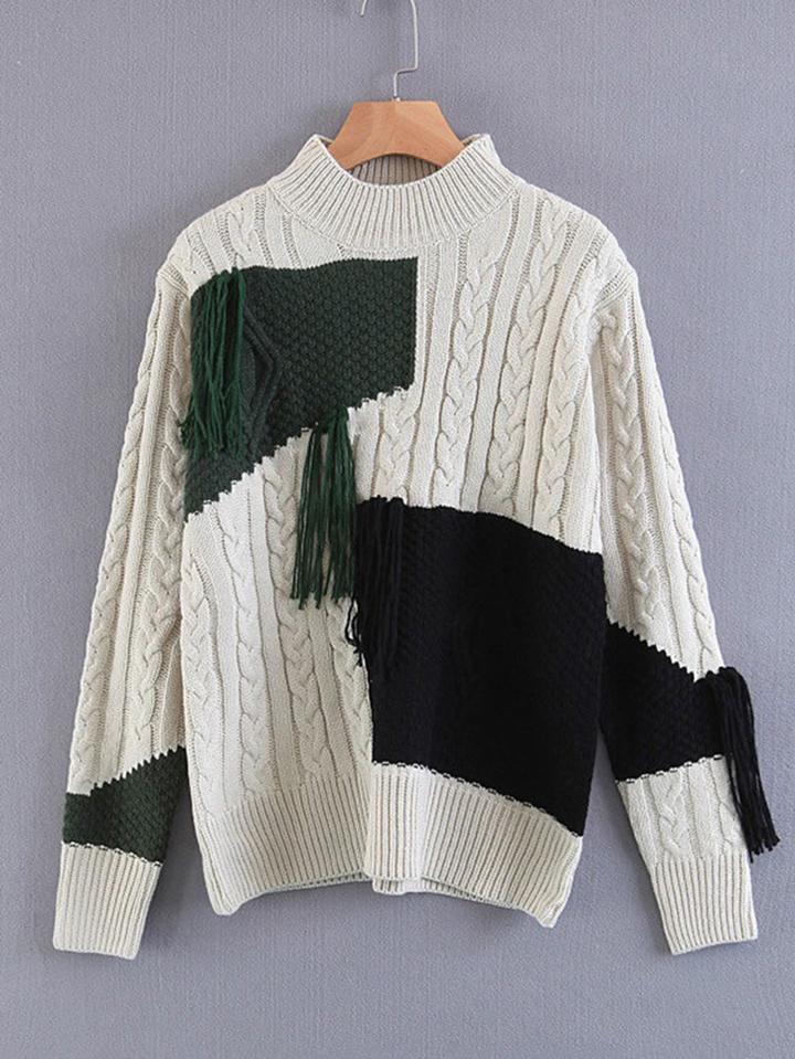 Romwe Color Block Tassel Detail Cable Knit Jumper